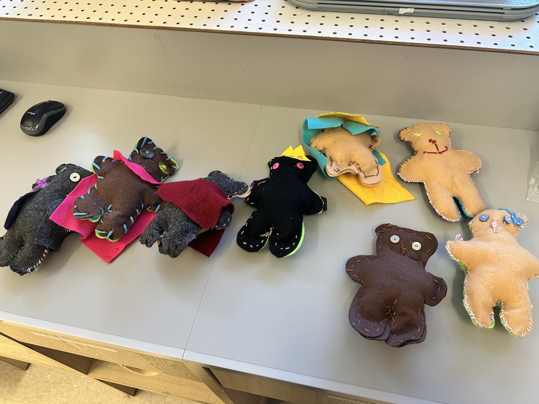 Photo of student stuffies on counter in Fieldston Lower classroom.